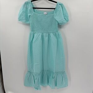 The Place Swiss Dot Smocked Dress Modern Womens Medium Aqua Blue Dress